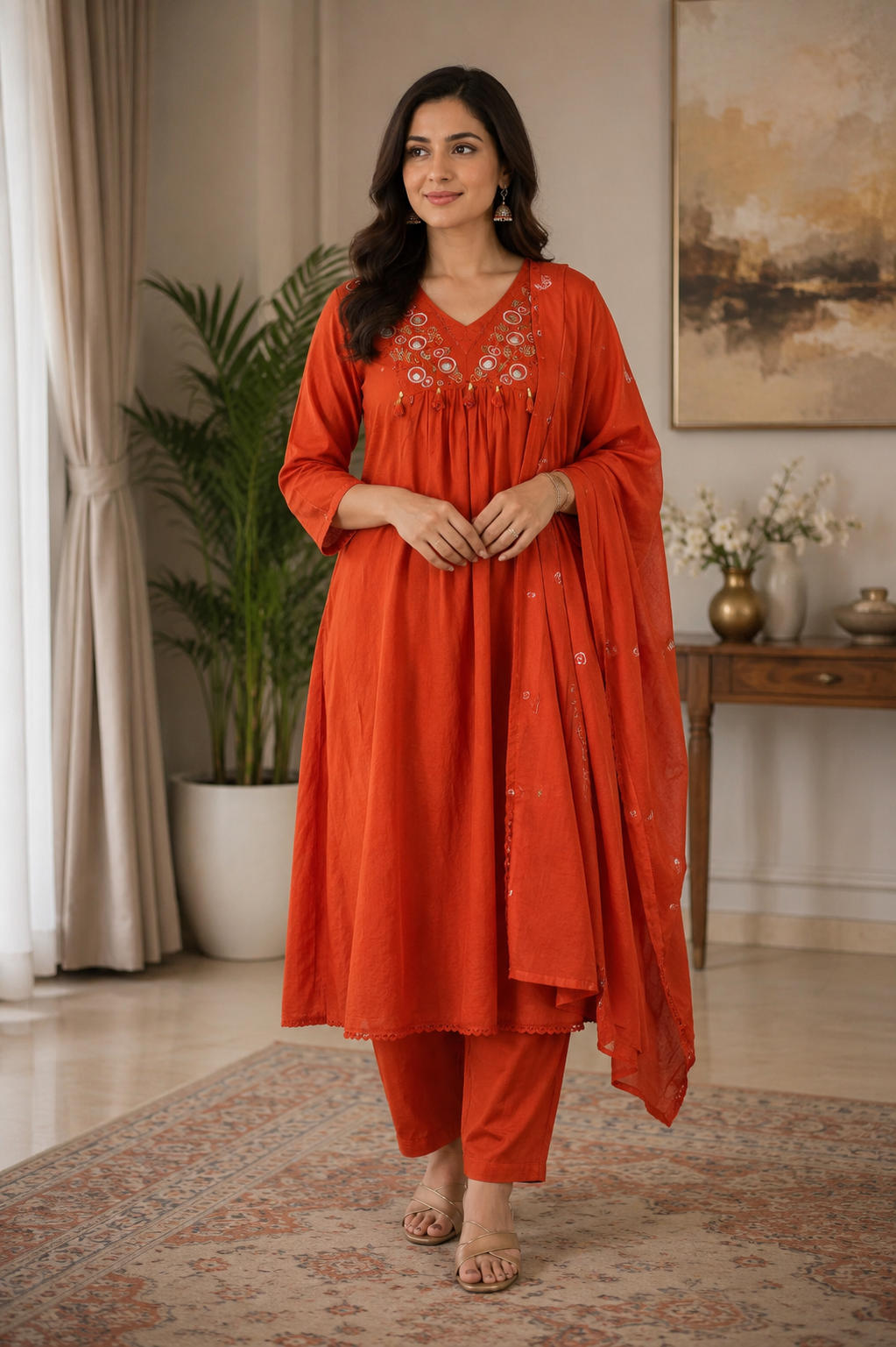 Rust Embroidered Cotton Suit