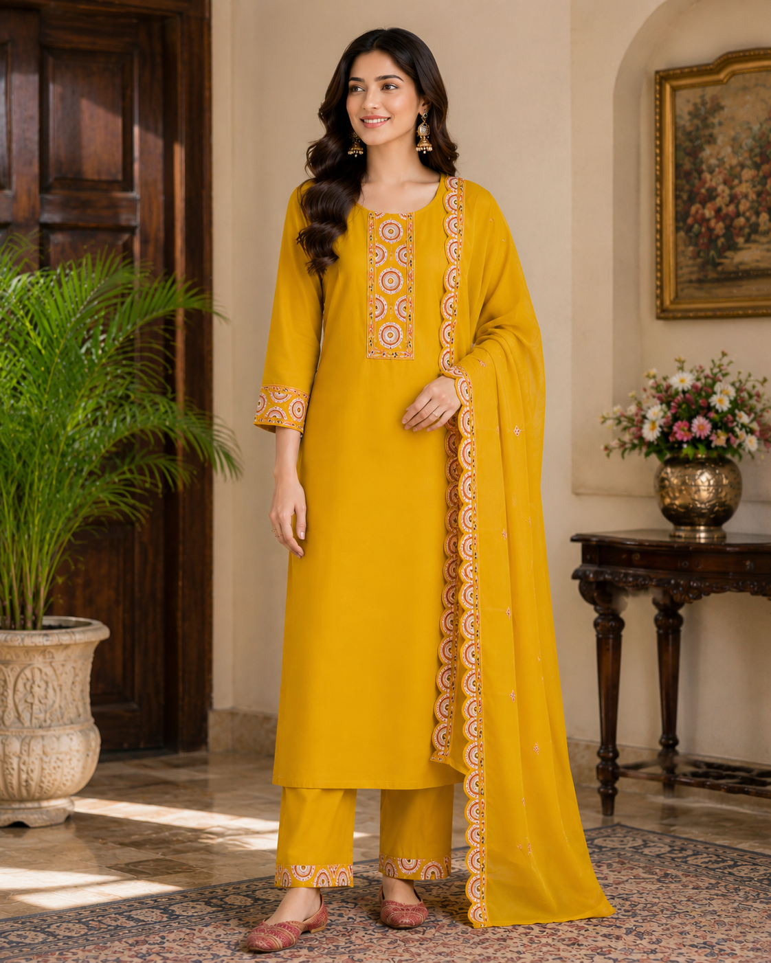 Yellow Embroidered Slub Cotton Suit Now @Rs 2295 only