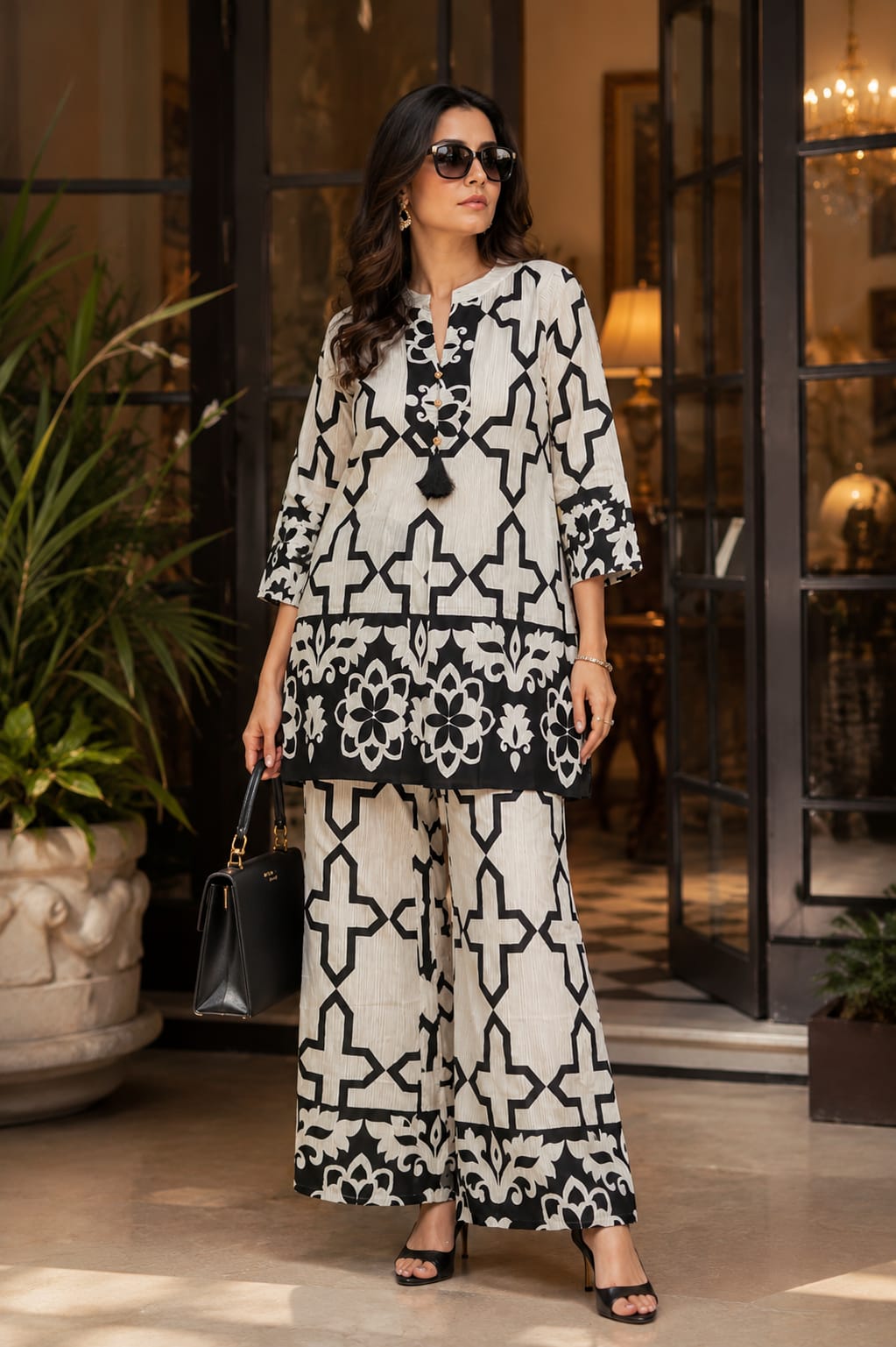 Black & White Rayon Printed Coord Set