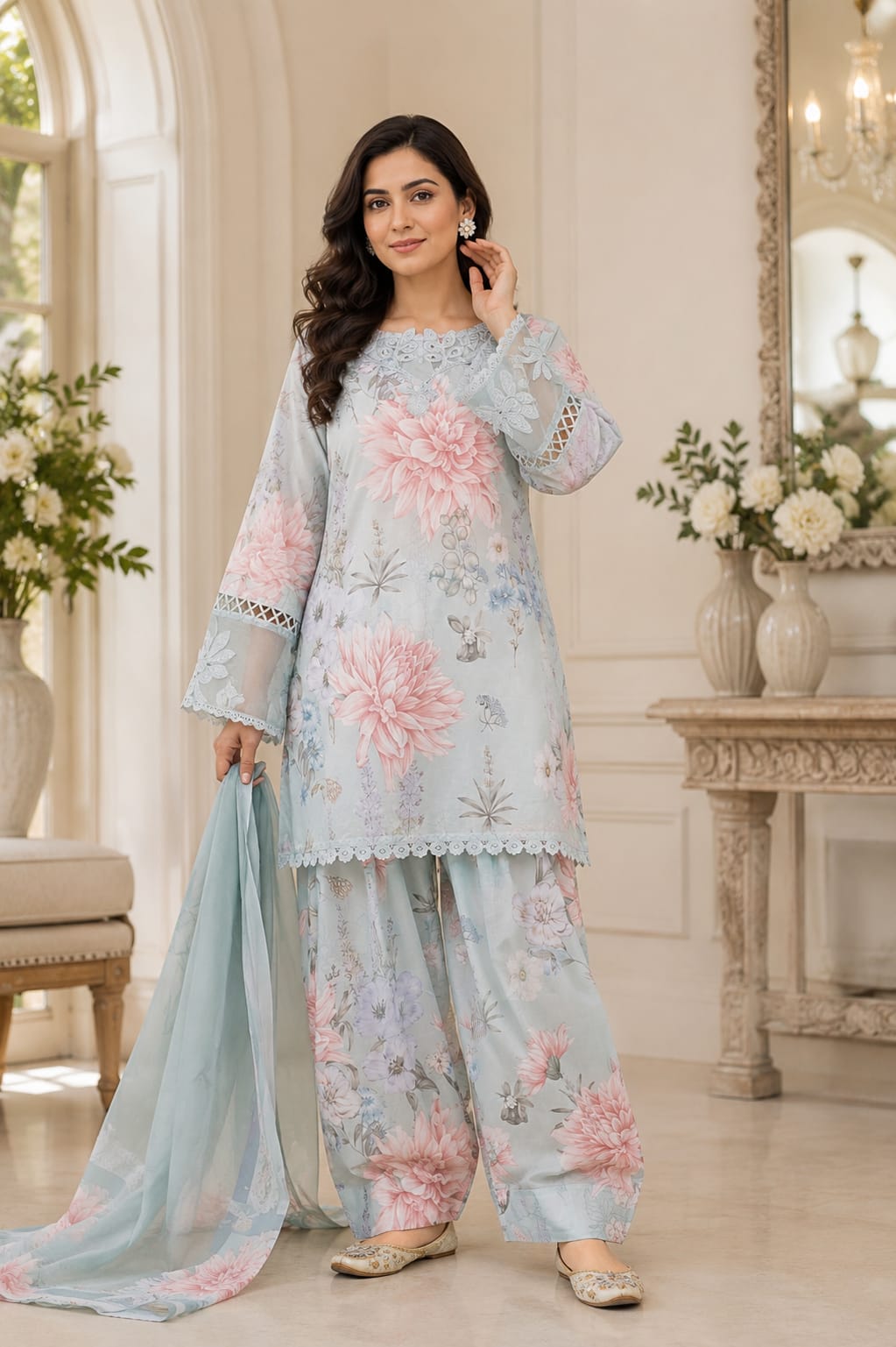 Sky Blue Floral Cotton Suit with Farshi Salwar