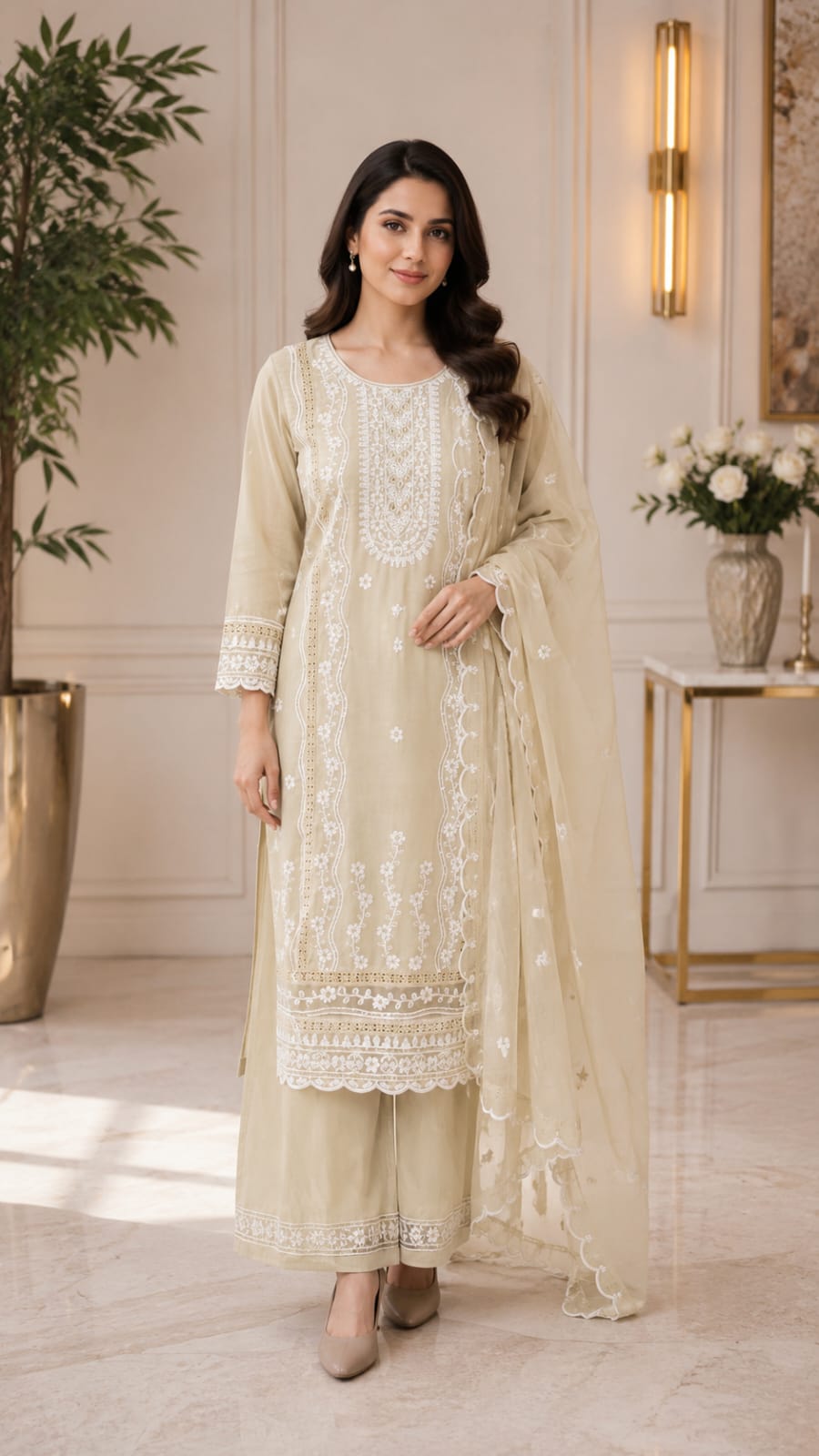 Beige Premium Mul Cotton Embroidered Kurta with Plazzo and Dupatta