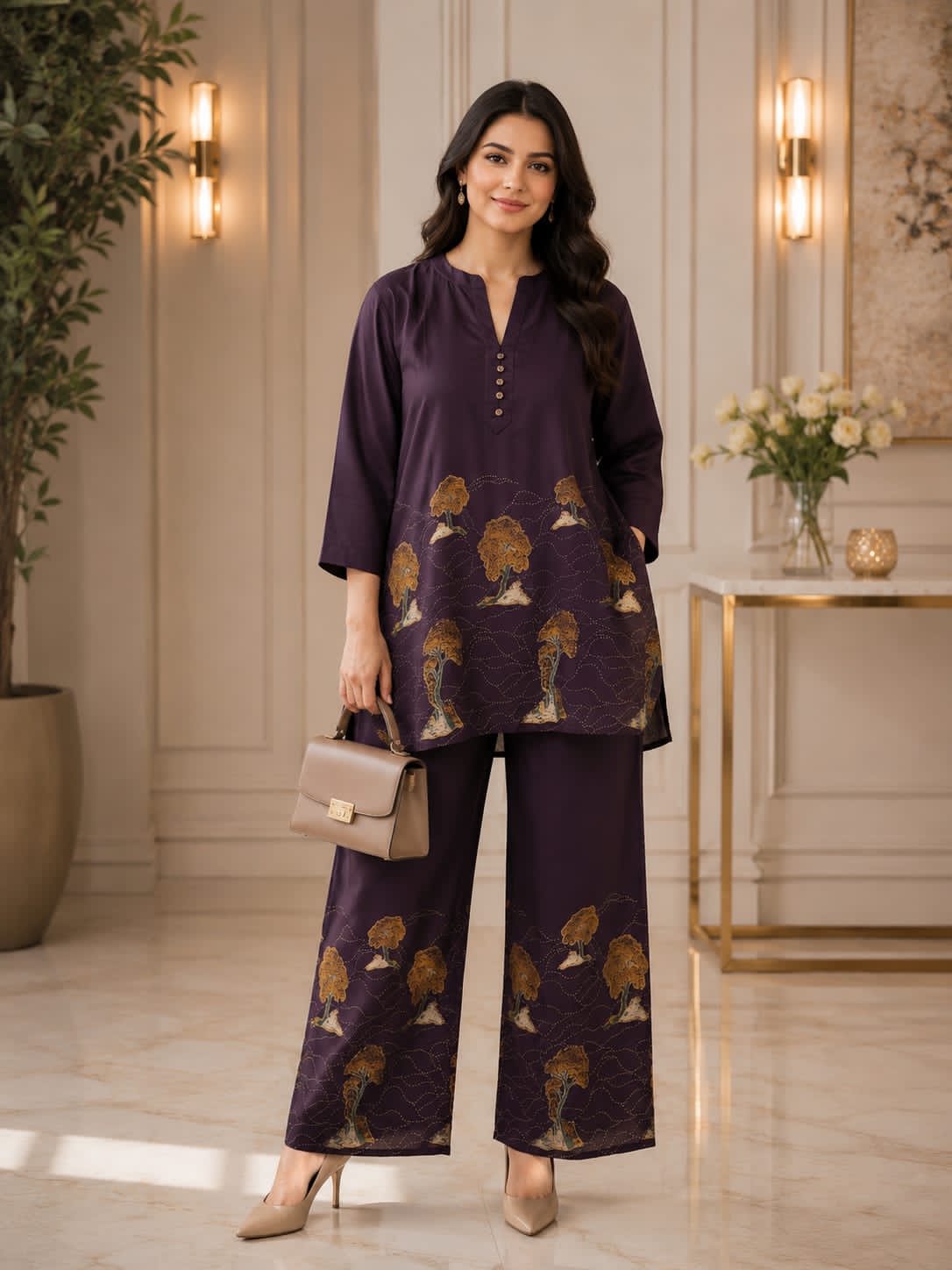 Chocolate Brown Slub Cotton Printed Coord Set