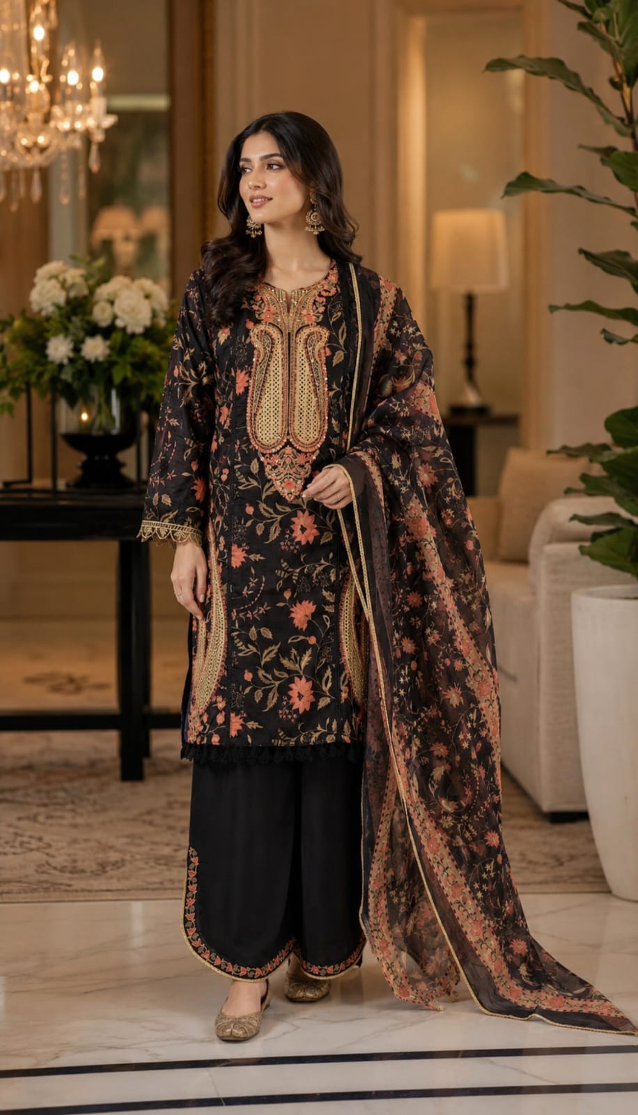 Dark Brown Embroidered Straight Kurta Pant with Dupatta