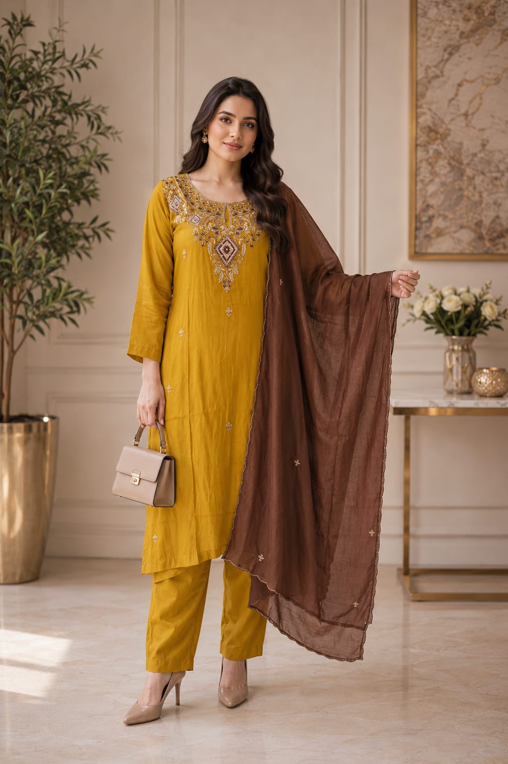 Mustard Embroidered Crepe Kurta Set with Contrast Dupatta