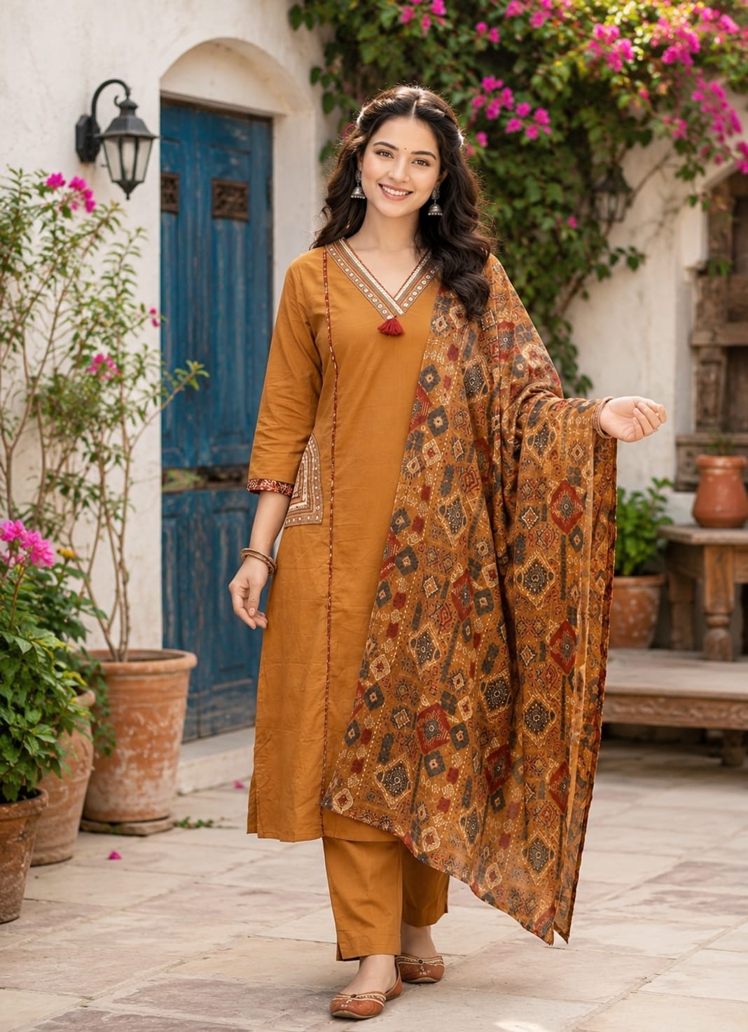 Cinnamon Embroidered cotton Suit