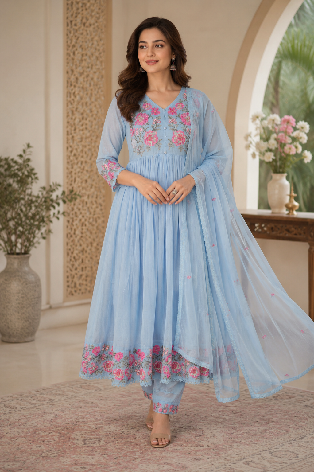 Sky Blue Floral Embroidered Anarkali Suit