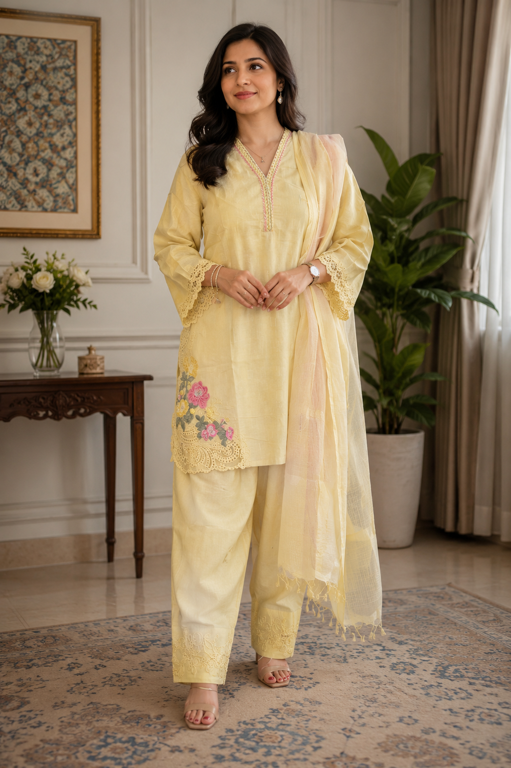 Light Yellow Embroidered Cotton Suit with Farshi Salwar Now @Rs 2395 only