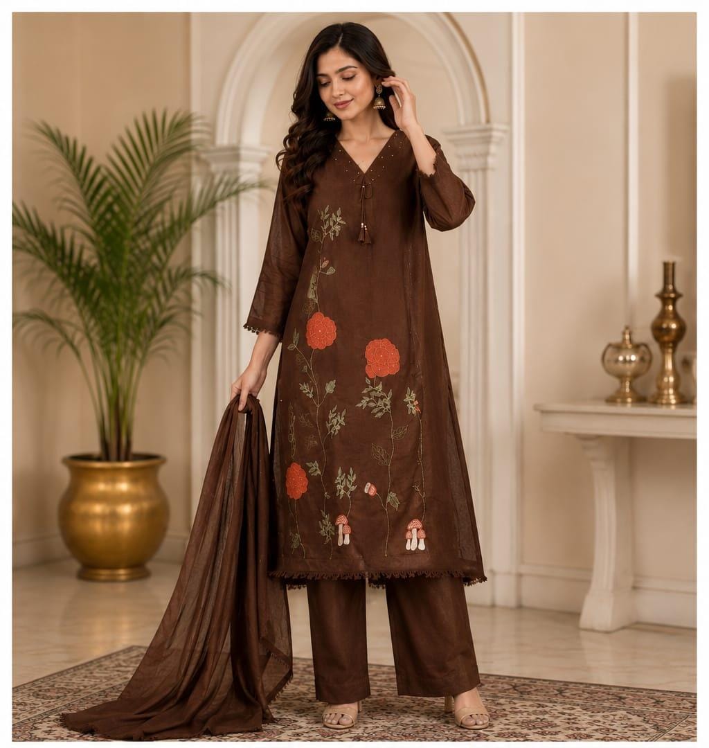 Brown Mul Cotton A Line Suit Pant with Dupatta