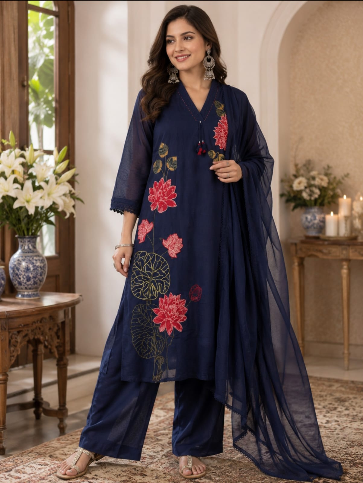 Navy Blue Embroidered Premium Mul Cotton Suit