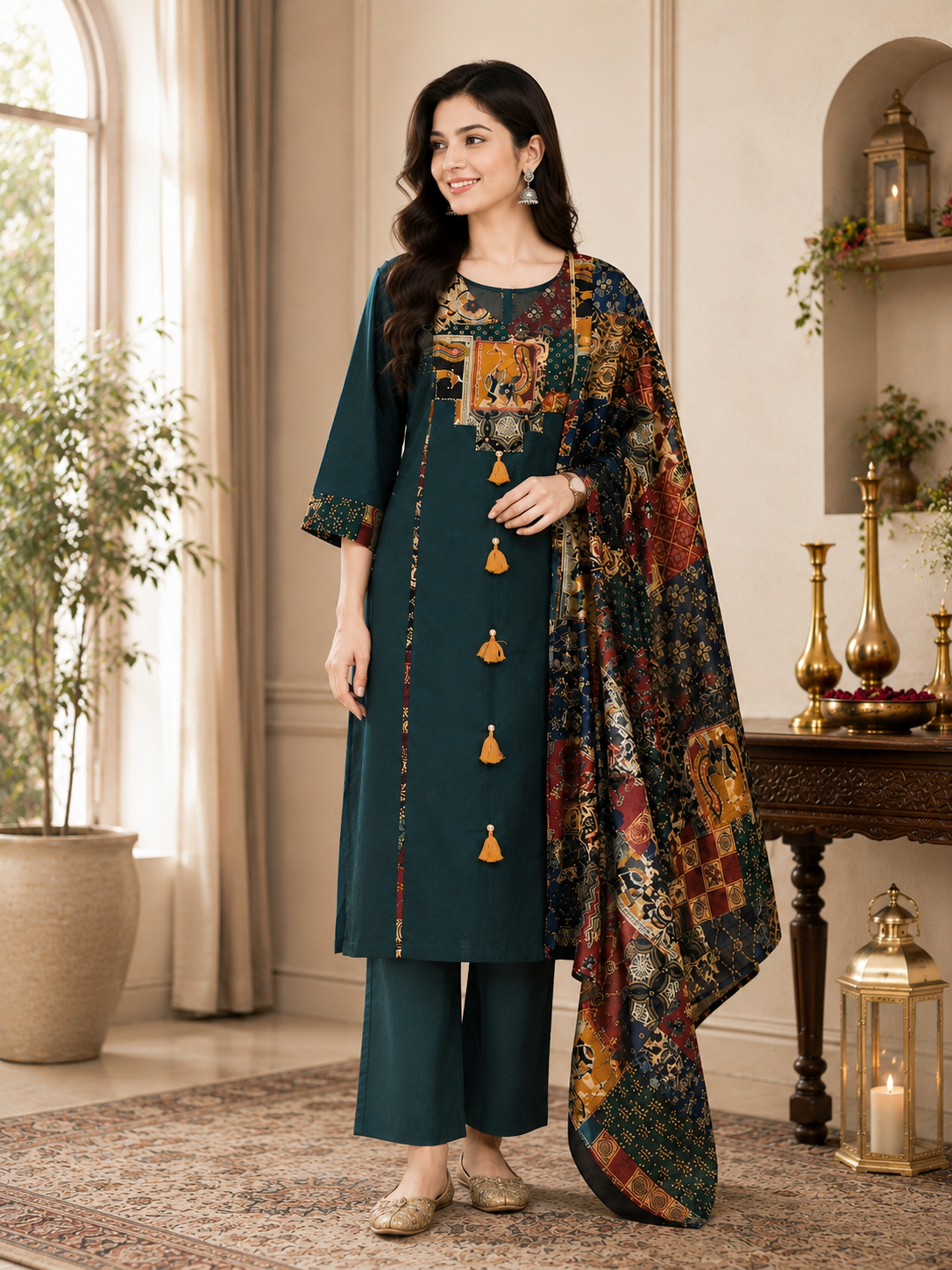 Dark Green Premium Cotton Suit Pant with Printed Dupatta Now @Rs 1595 only