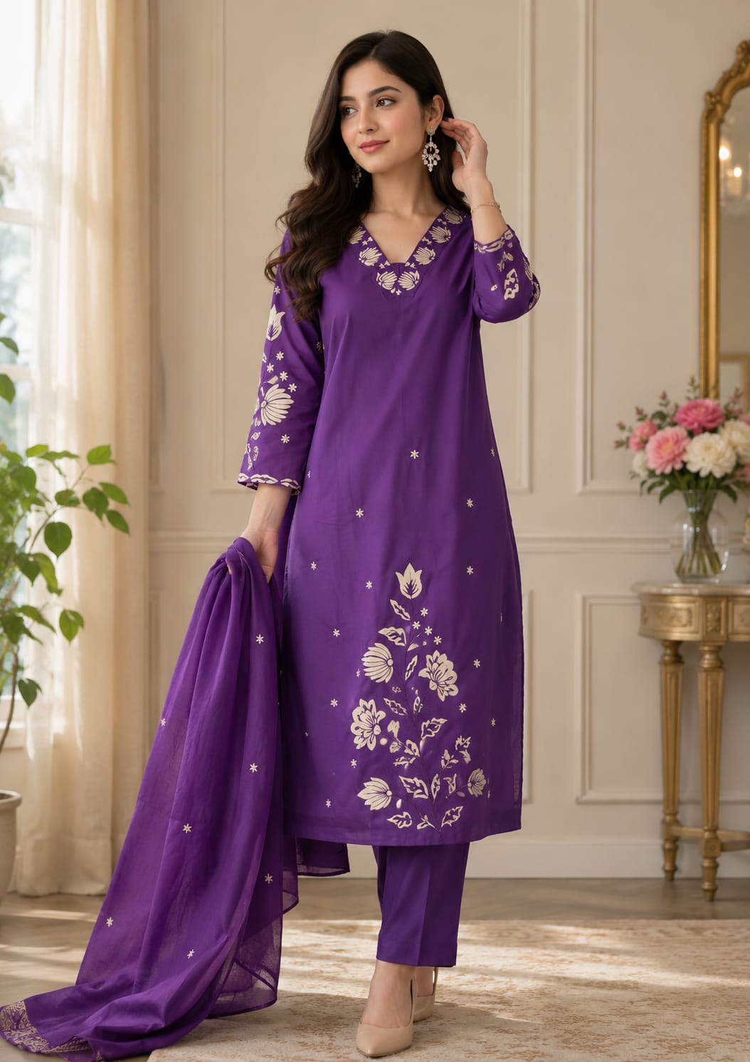 Purple Premium Cotton Embroidered Suit Pant with Dupatta