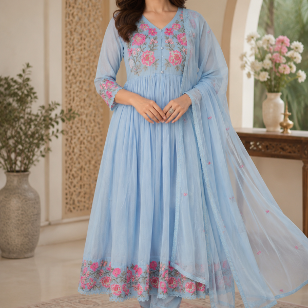 Sky Blue Floral Embroidered Anarkali Suit