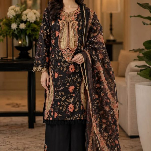Dark Brown Embroidered Straight Kurta Pant with Dupatta