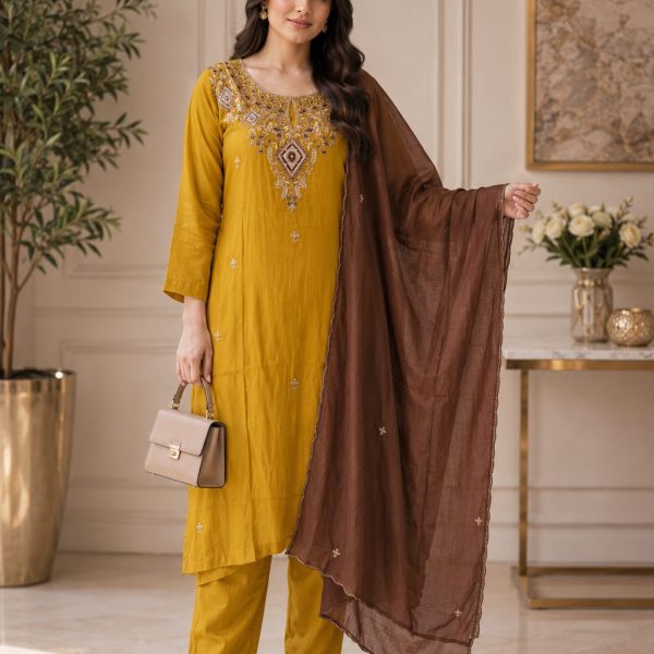 Mustard Embroidered Crepe Kurta Set with Contrast Dupatta