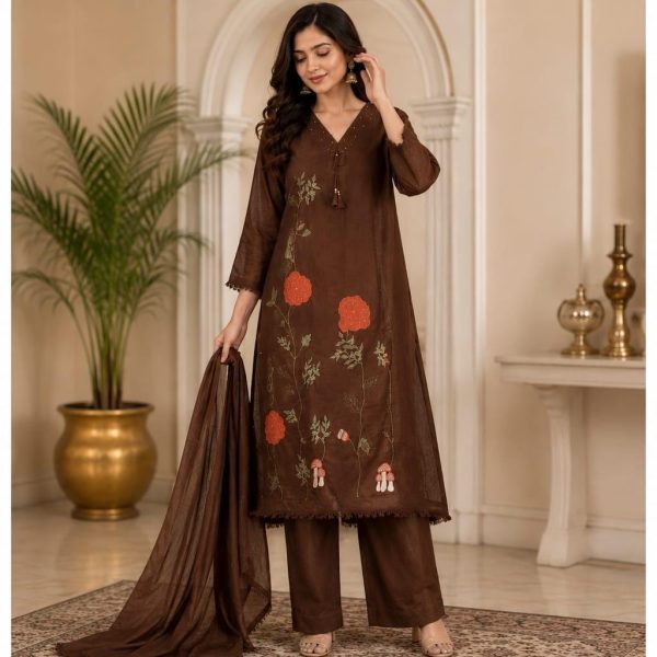 Brown Mul Cotton A Line Suit Pant with Dupatta