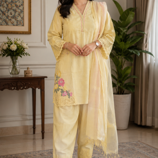 Light Yellow Embroidered Cotton Suit with Farshi Salwar