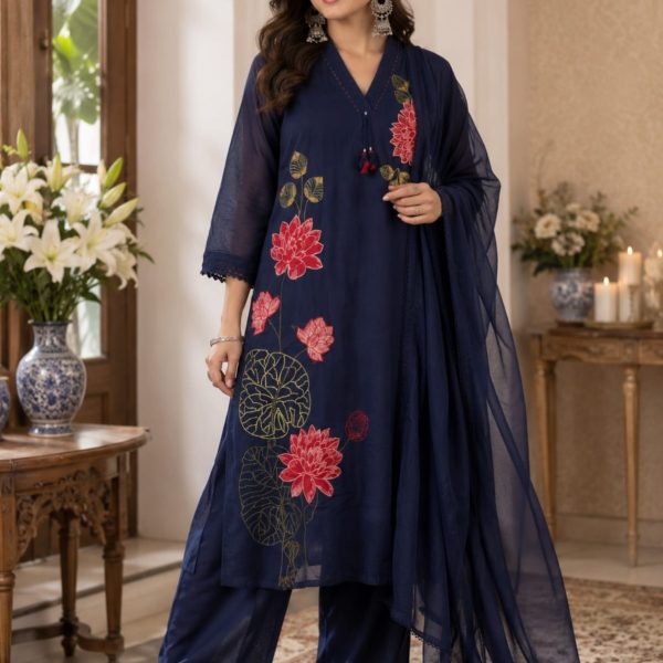 Navy Blue Embroidered Premium Mul Cotton Suit