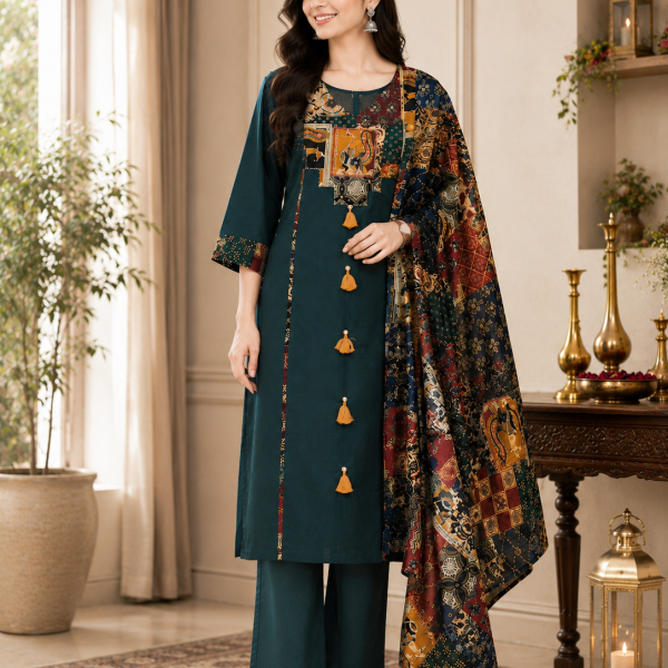 Dark Green Premium Cotton Suit Pant with Printed Dupatta
