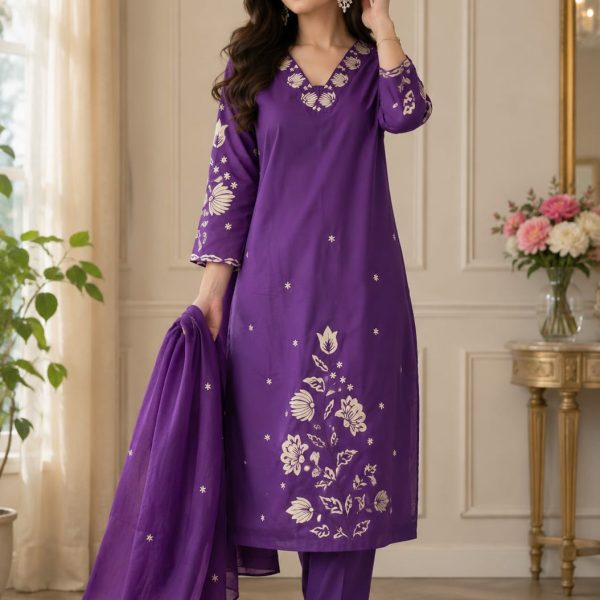 Purple Premium Cotton Embroidered Suit Pant with Dupatta