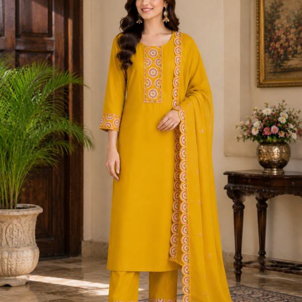 Yellow Embroidered Slub Cotton Suit