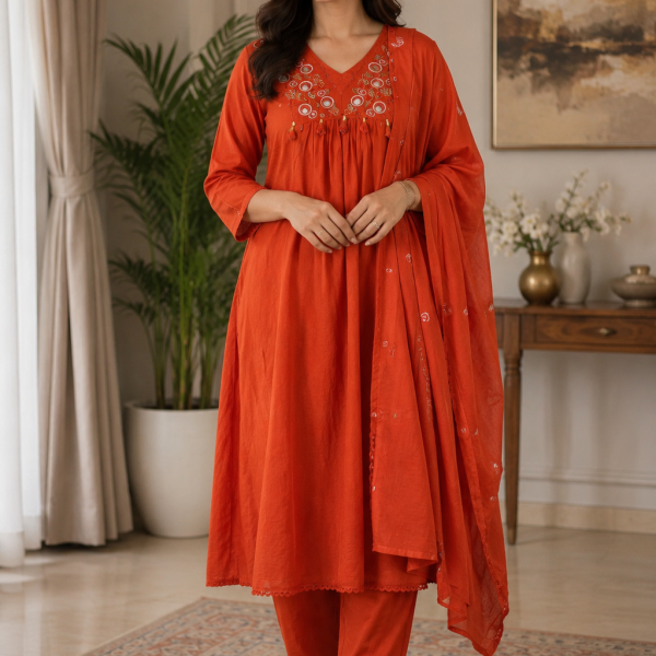 Rust Embroidered Cotton Suit