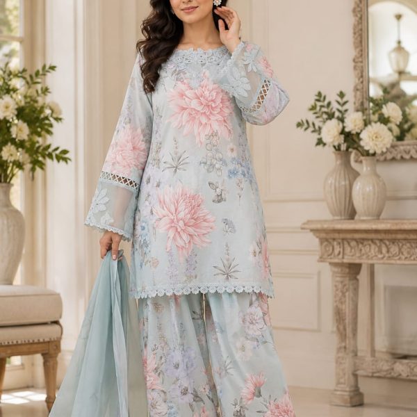 Sky Blue Floral Cotton Suit with Farshi Salwar