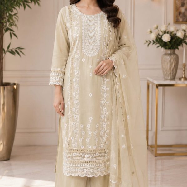 Beige Premium Mul Cotton Embroidered Kurta with Plazzo and Dupatta