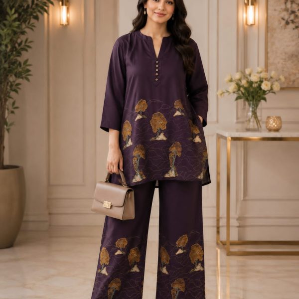 Chocolate Brown Slub Cotton Printed Coord Set